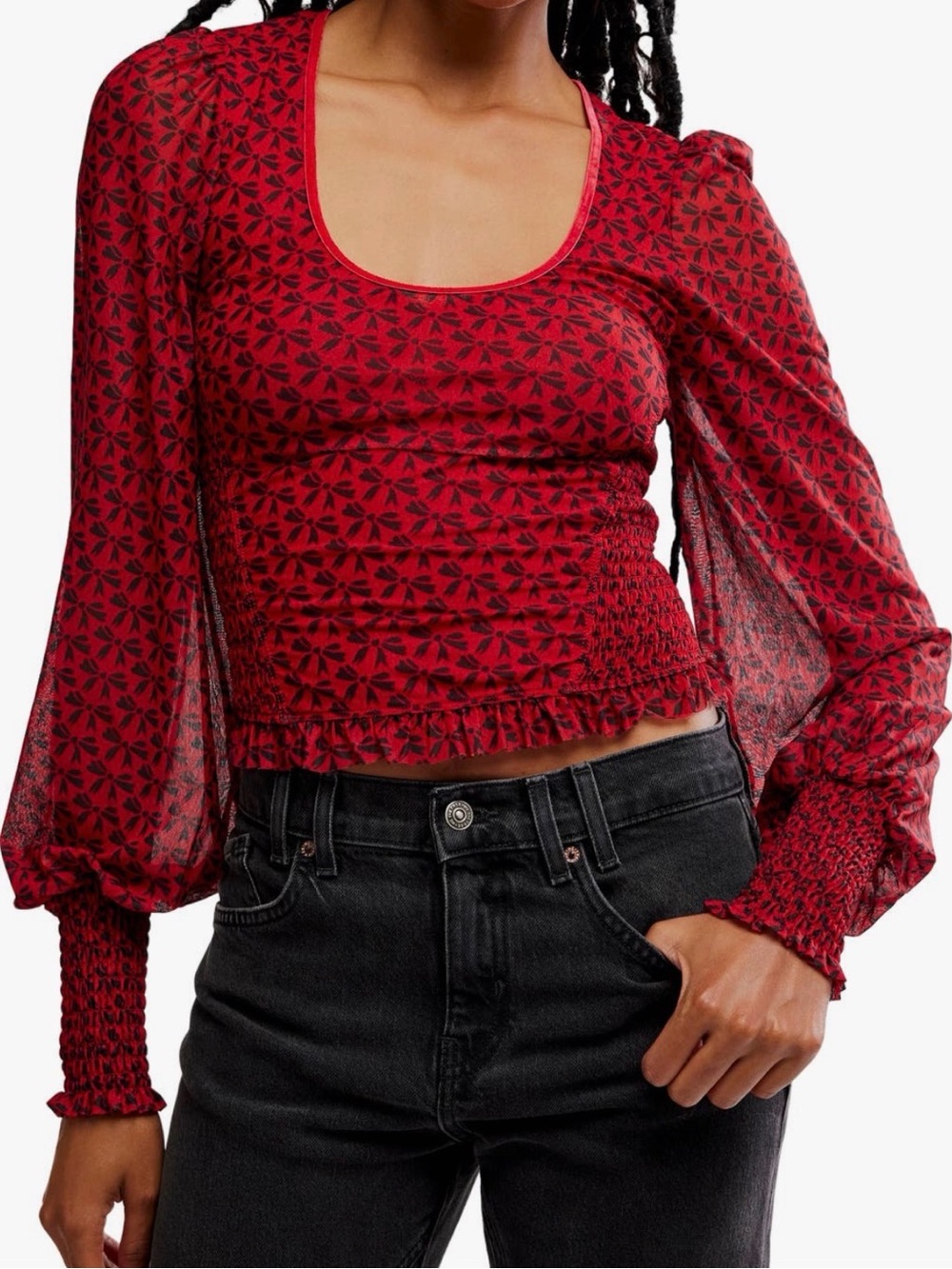 Free People Dottie Bow Print Sheer Sleeve Smocked Top Size M